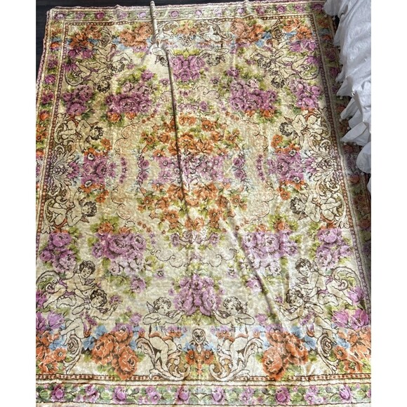 Unbranded Other - Vtg 1940's Italian Cherubs & Roses Bed Spread Cover 66”x73” Gold Pink Tapestry